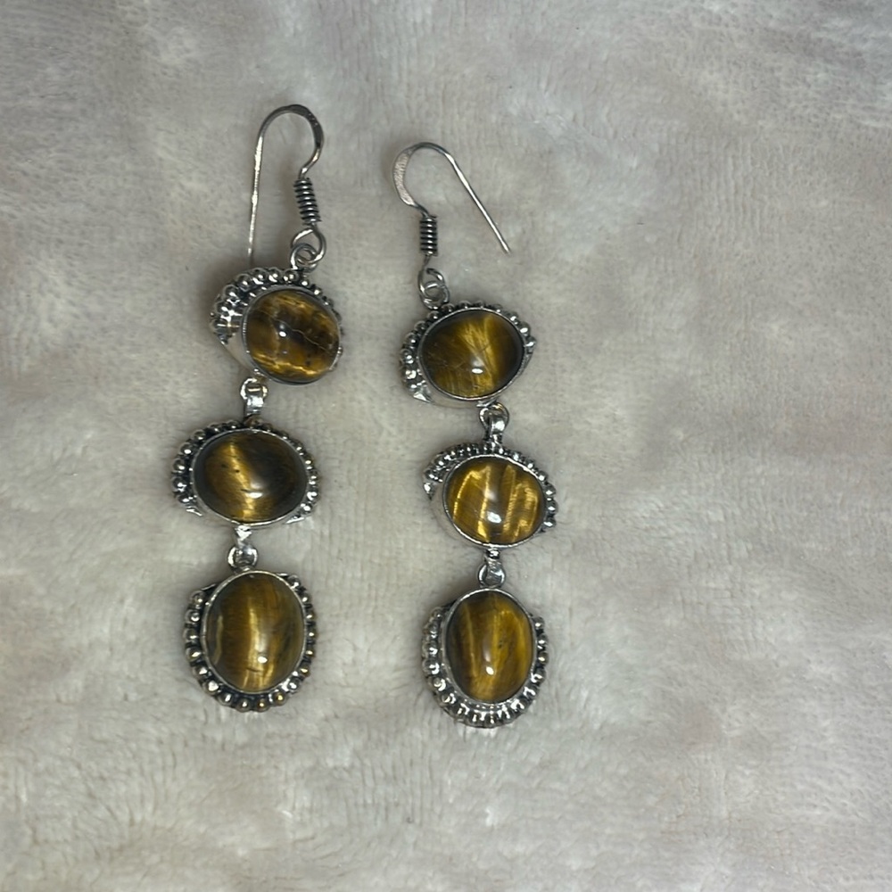 Woman’s dangle earrings, tiger eye stone, silver
